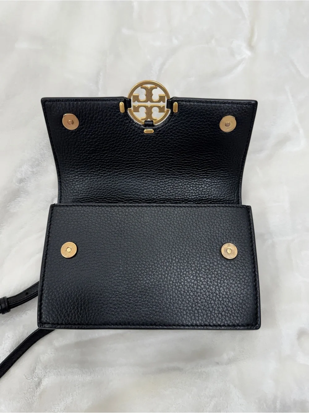 Tory Burch Black Pebbled Leather Crossbody with Gold Logo Chain